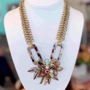 Stella & Dot Statement Floral Necklace Mixed Media Gold Tone
